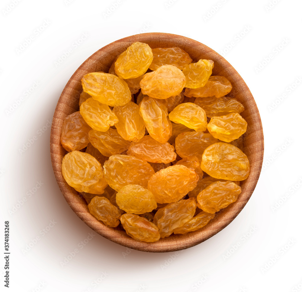 Top view of raisins isolated on white background