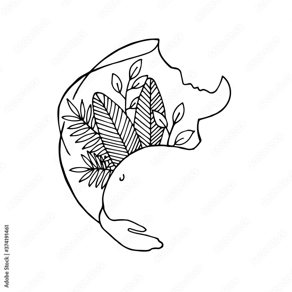 vector drawing stylized silhouette of a pregnant woman with tropical leaves. esoteric symbol of natu