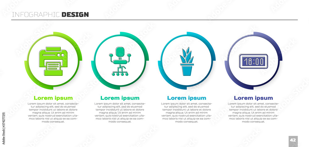 设置打印机、办公椅、花盆和数字闹钟。商业信息图模板。Vect