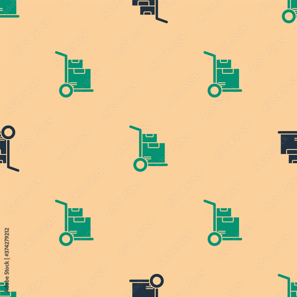 Green and black Hand truck and boxes icon isolated seamless pattern on beige background. Dolly symbo