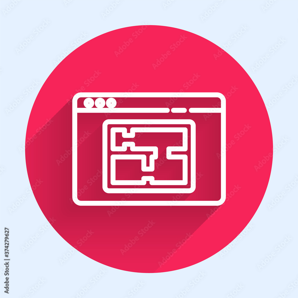 White line House plan icon isolated with long shadow. Red circle button. Vector Illustration.