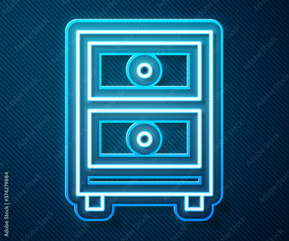 Glowing neon line Drawer with documents icon isolated on blue background. Archive papers drawer. Fil