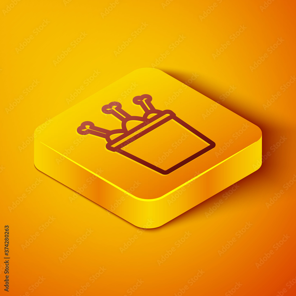 Isometric line Chicken leg in package box icon isolated on orange background. Chicken drumstick. Yel