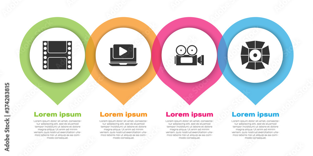 Set Play Video, Online play video, Cinema camera and Movie spotlight. Business infographic template.