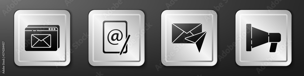 设置网站和信封、邮件和电子邮件、信封和扩音器图标。银色方形按钮。矢量