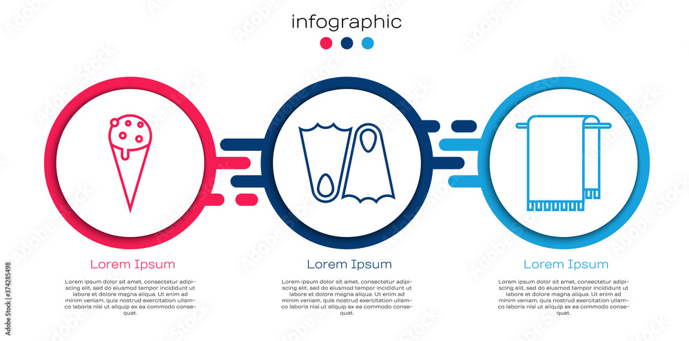 Set line Ice cream in waffle cone, Rubber flippers and Towel on a hanger. Business infographic templ