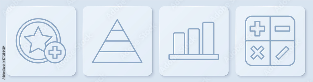 设线星号、饼图信息图、金字塔图信息图和计算器。白色方形按钮