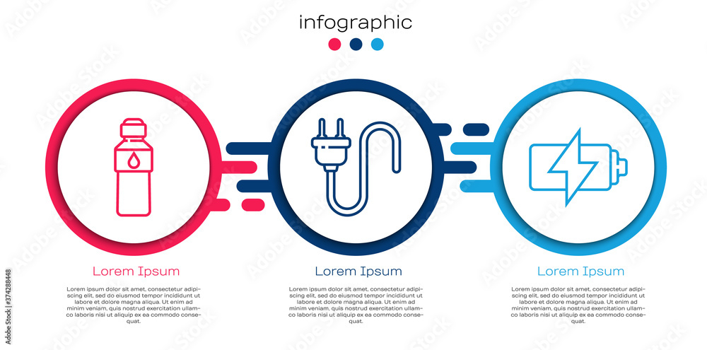 设置线水瓶、电插头和电池。商业信息图模板。矢量。