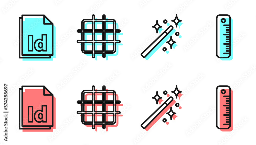 设置线条魔杖、ID文件文档、网格图纸和标尺图标。矢量。