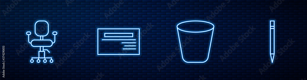 Set line Trash can, Office chair, Business card and Pencil with eraser. Glowing neon icon on brick w