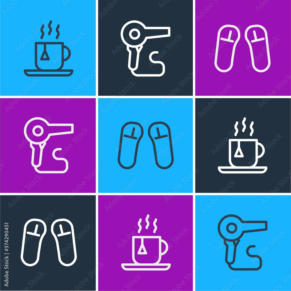 Set line Cup of tea with tea bag, Slipper and Hair dryer icon. Vector.