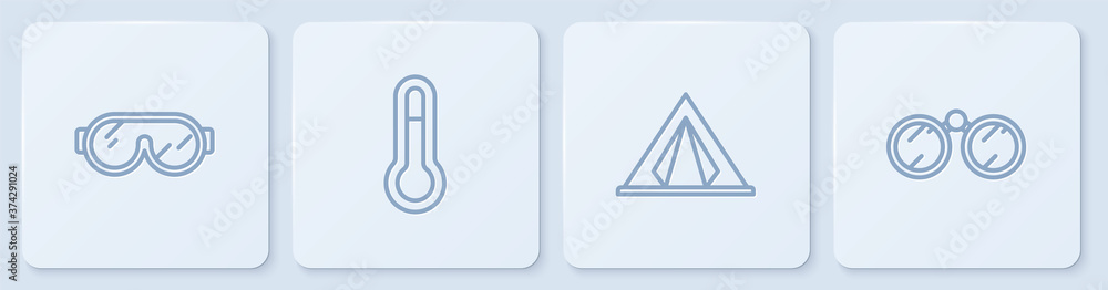 设置滑雪护目镜、旅游帐篷、气象温度计和双筒望远镜。白色方形按钮。Vec