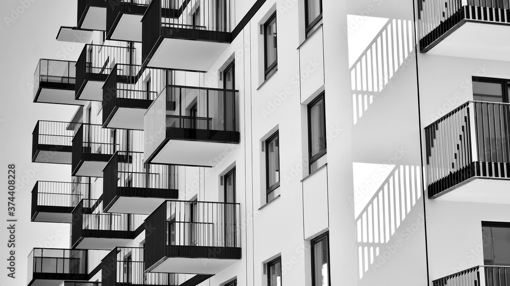 Detail of modern residential flat apartment building exterior. Fragment of new luxury house and home