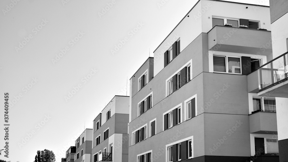 Detail of modern residential flat apartment building exterior. Fragment of new luxury house and home