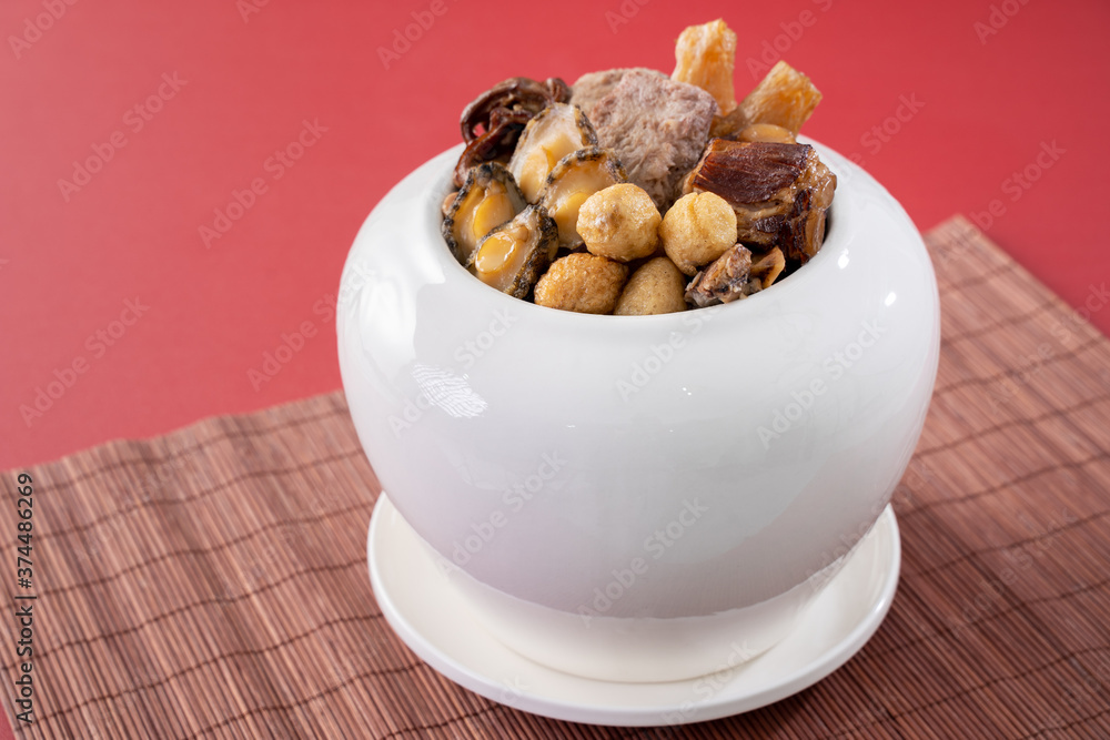 Traditional food of Chinese lunar new year, Buddha jumps over the wall, Chinese Soup Casserole dish,