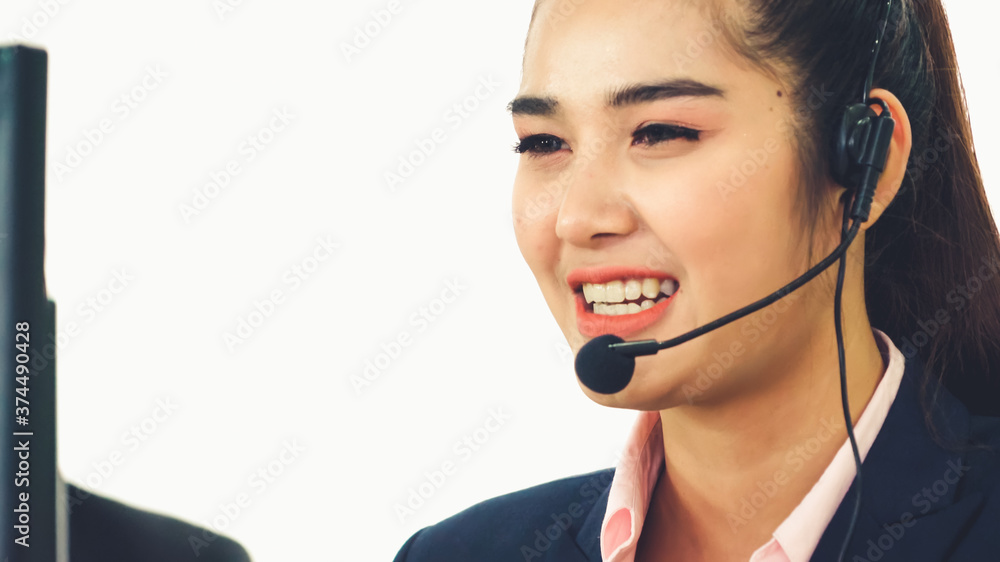 Business people wearing headset working in office to support remote customer or colleague. Call cent