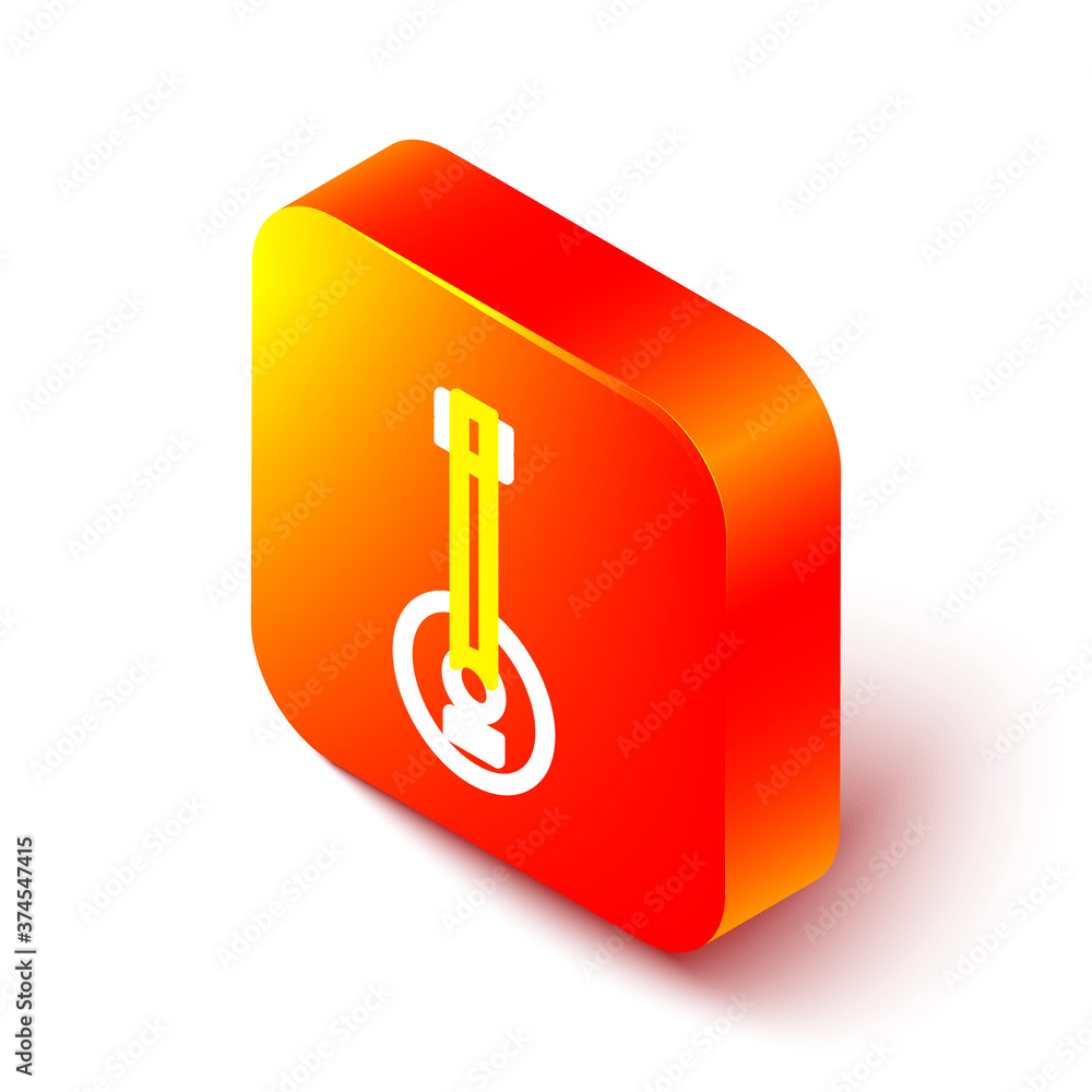 Isometric line Banjo icon isolated on white background. Musical instrument. Orange square button. Ve