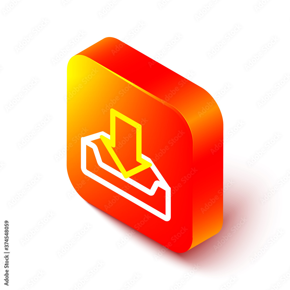 Isometric line Download inbox icon isolated on white background. Orange square button. Vector Illust