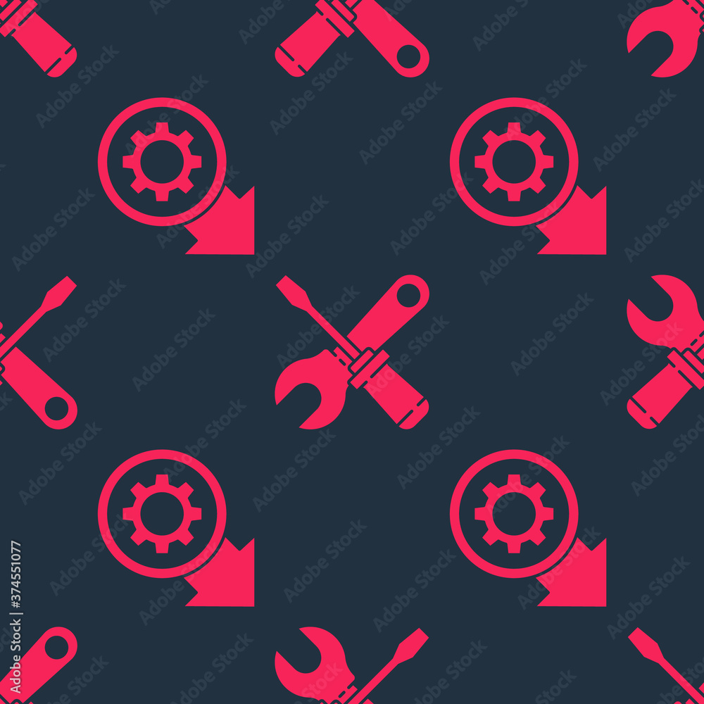 Set Gear and arrows as workflow process and Screwdriver and wrench spanner on seamless pattern. Vect