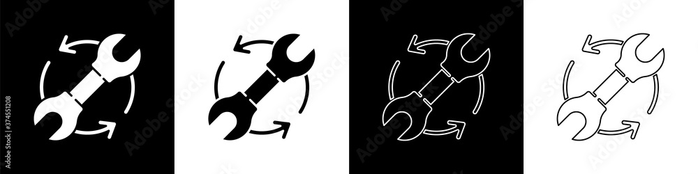 Set Wrench spanner and arrows as workflow icon isolated on black and white background. Adjusting, se