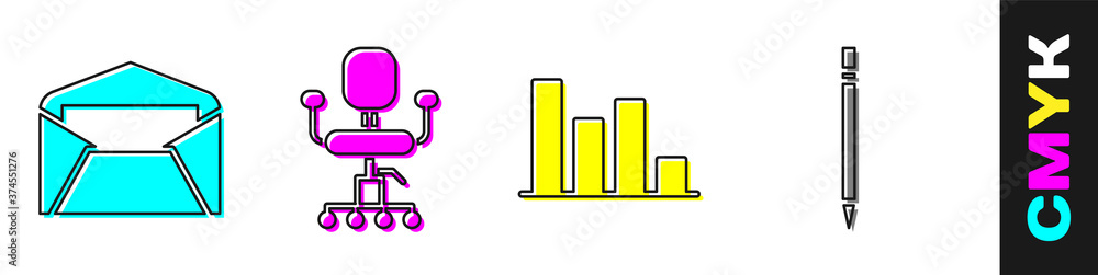 设置信封、办公椅、饼图信息图和带橡皮擦图标的铅笔。矢量。