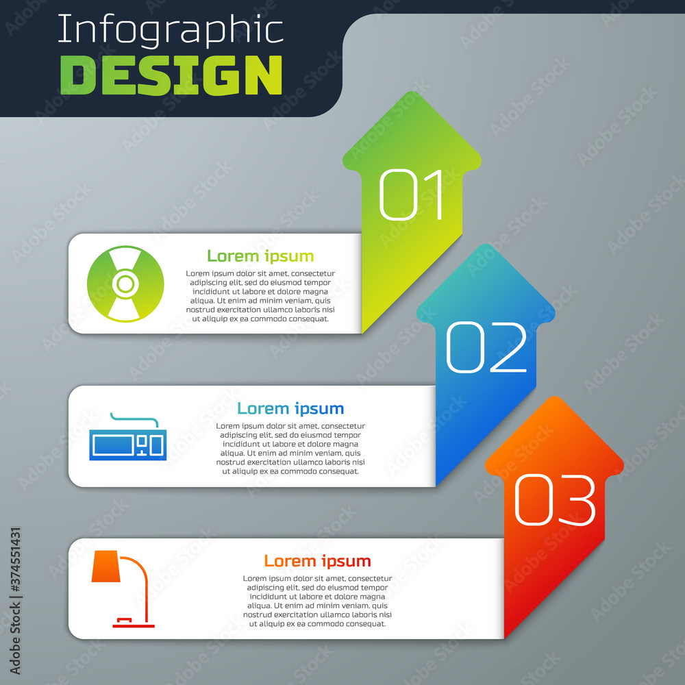 Set CD or DVD disk, Keyboard and Table lamp. Business infographic template. Vector.