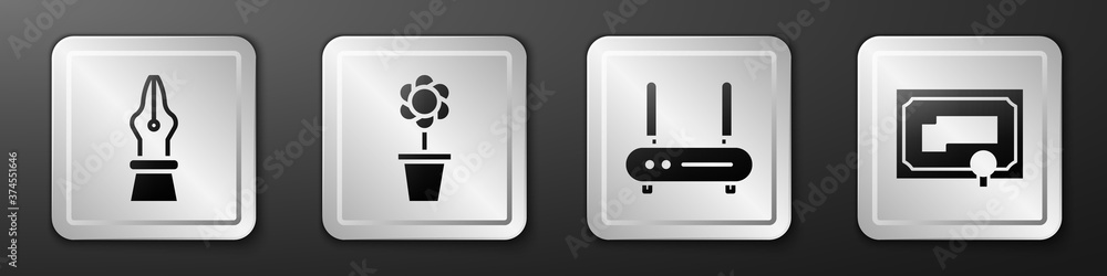 Set Fountain pen nib, Flower in pot, Router and wi-fi signal and Certificate template icon. Silver s