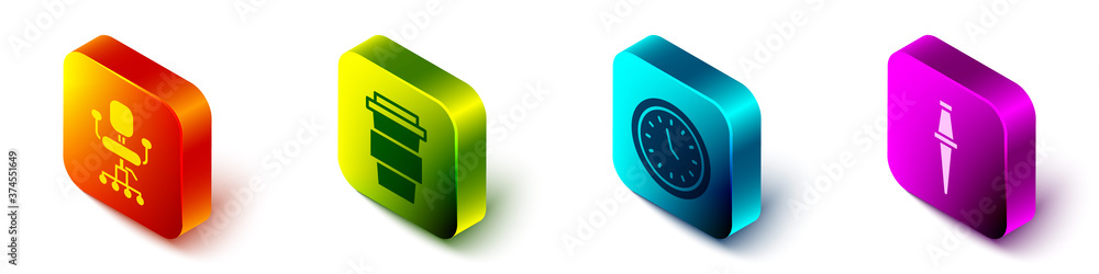 Set Isometric Office chair, Coffee cup to go, Clock and Push pin icon. Vector.