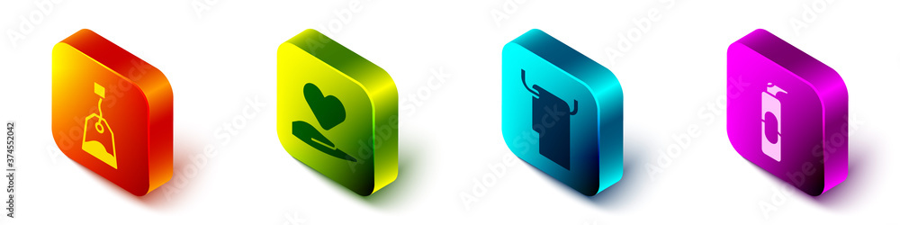 Set Isometric Tea bag, Heart on hand, Towel on a hanger and Spray can for hairspray icon. Vector.