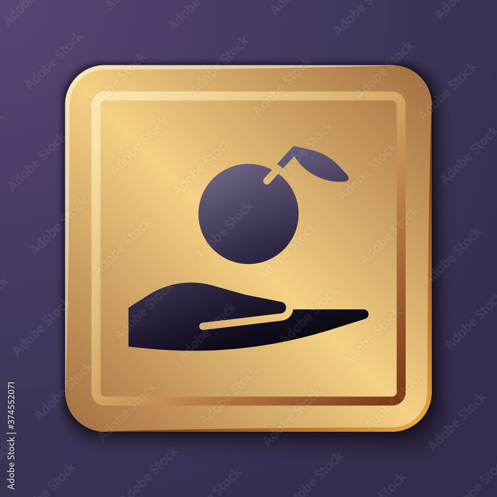 Purple Apple in hand icon isolated on purple background. Fruit with leaf symbol. Gold square button.