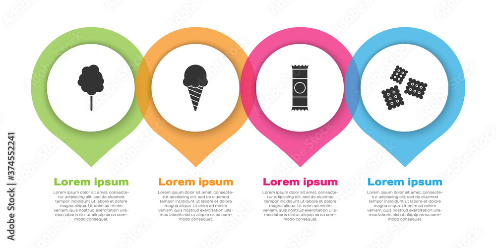 Set Cotton candy, Ice cream in waffle cone, Chocolate bar and Cracker biscuit. Business infographic 