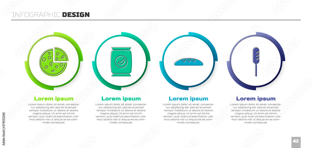 套装披萨、袋装或包装薯片、面包和炸香肠。商业信息图模板。