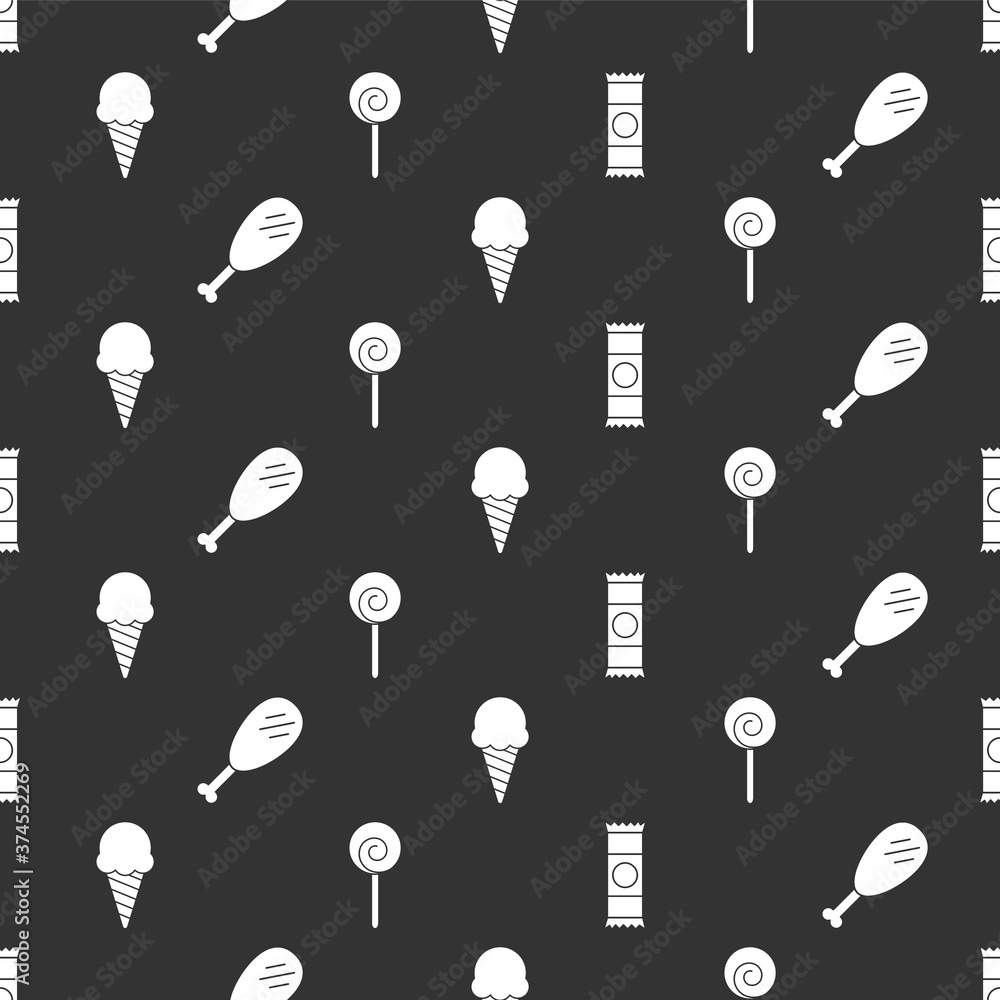 Set Chocolate bar, Chicken leg, Ice cream in waffle cone and Lollipop on seamless pattern. Vector.