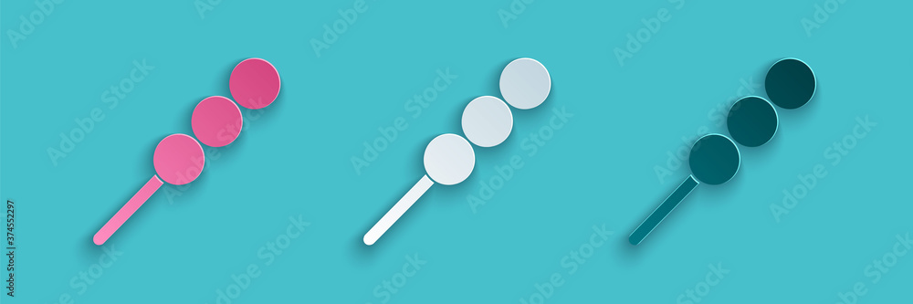 Paper cut Meatballs on wooden stick icon isolated on blue background. Skewer with meat. Paper art st