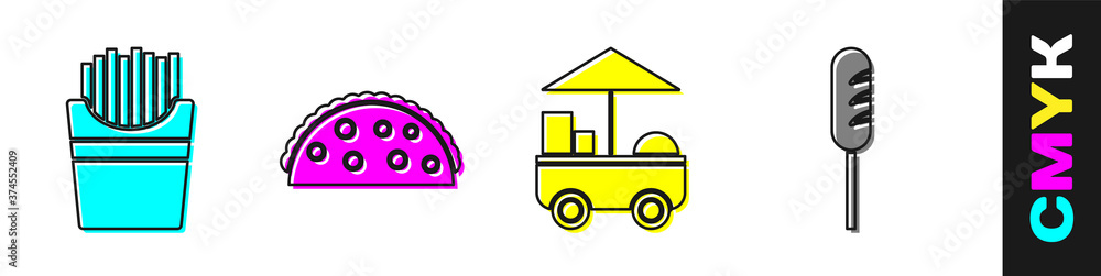 Set Potatoes french fries in box, Taco with tortilla, Fast street food cart and Fried sausage icon. 