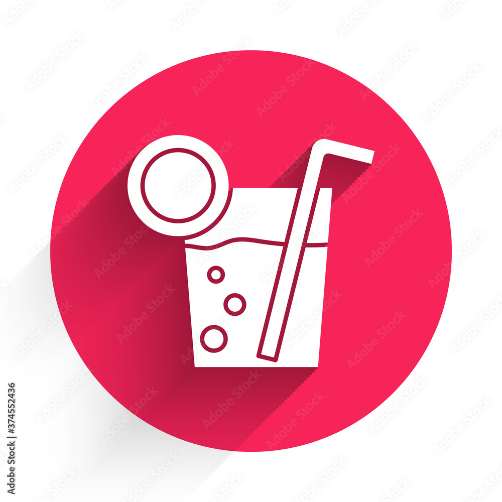 White Cocktail icon isolated with long shadow. Red circle button. Vector Illustration.