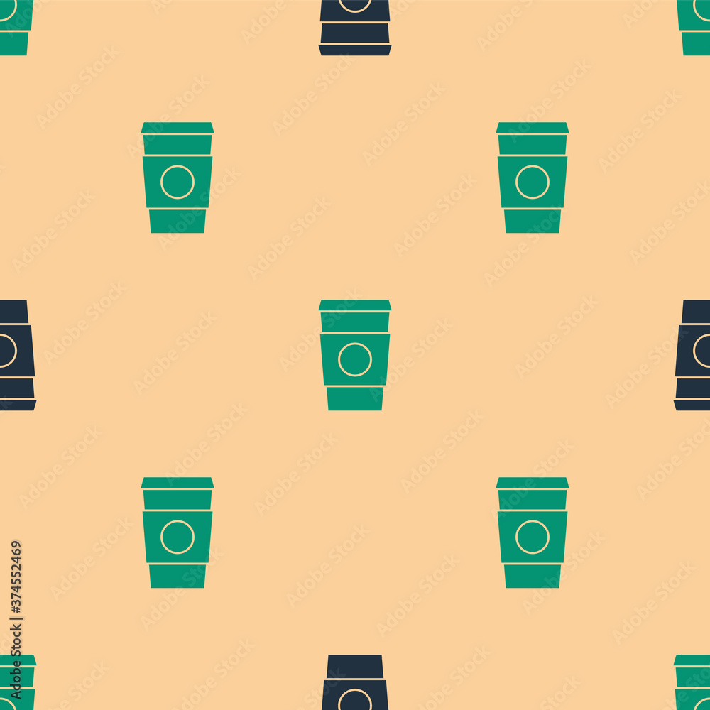 Green and black Coffee cup to go icon isolated seamless pattern on beige background. Vector Illustra