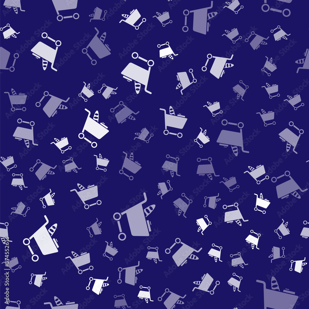 White Shopping cart and food icon isolated seamless pattern on blue background. Food store, supermar