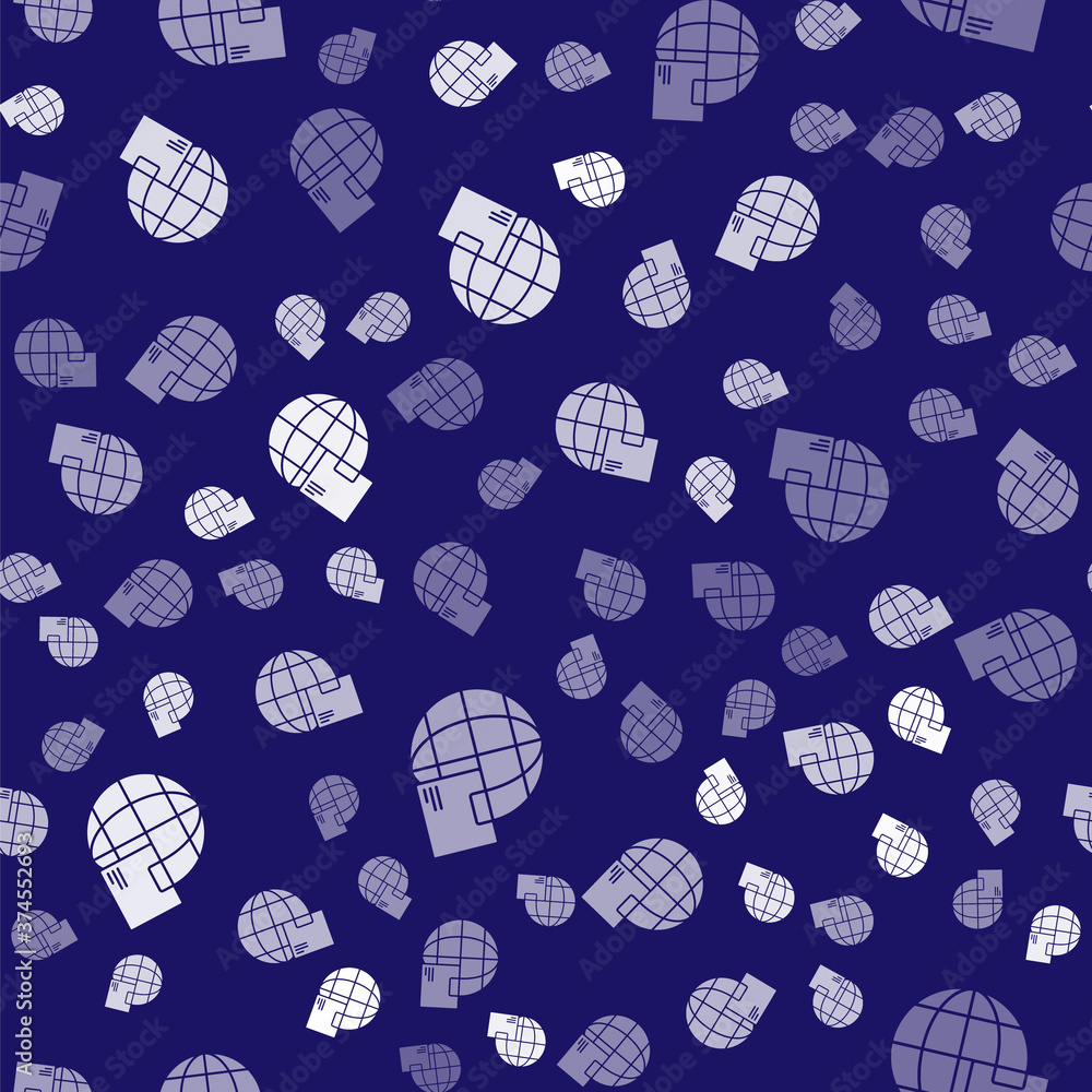 White Worldwide shipping and cardboard box icon isolated seamless pattern on blue background. Vector