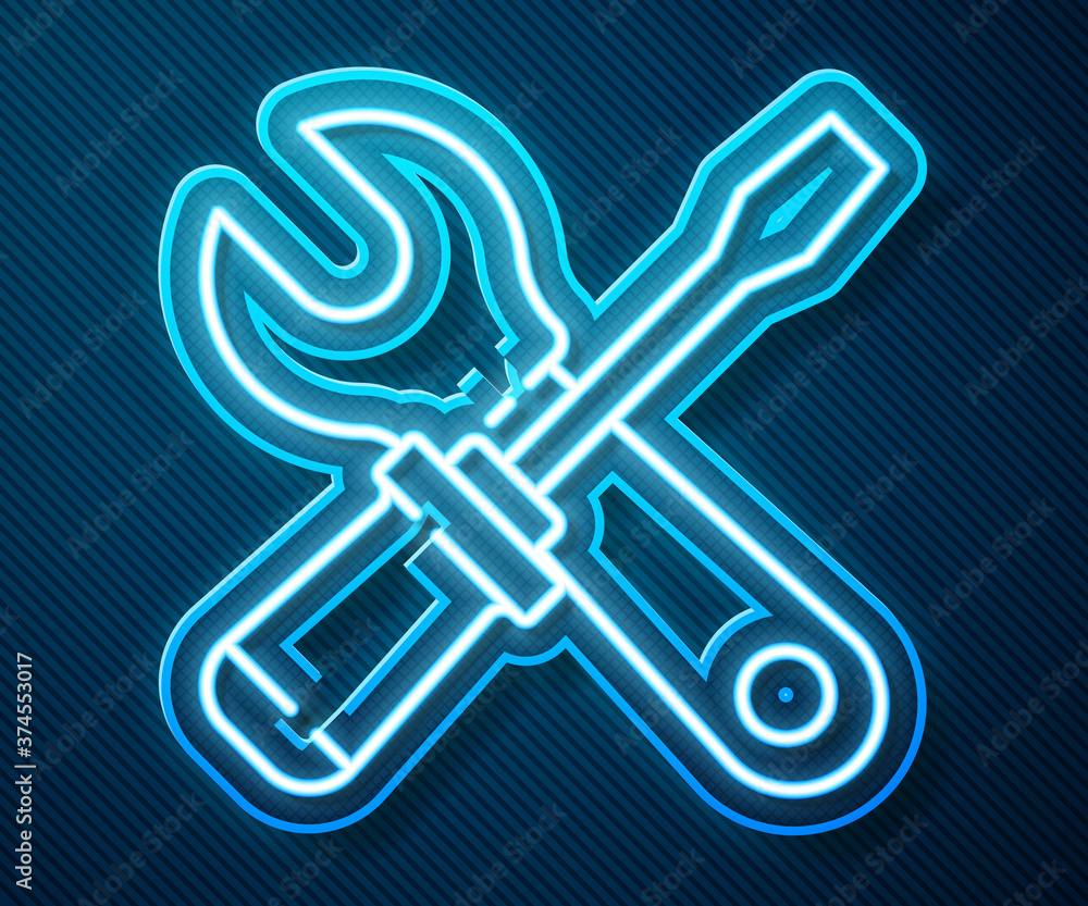 Glowing neon line Screwdriver and wrench spanner tools icon isolated on blue background. Service too