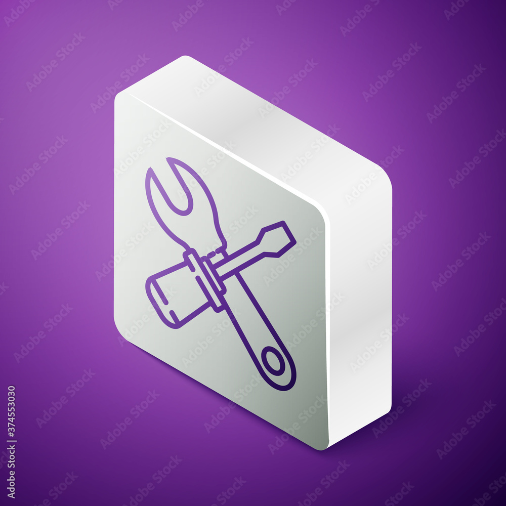 Isometric line Screwdriver and wrench spanner tools icon isolated on purple background. Service tool