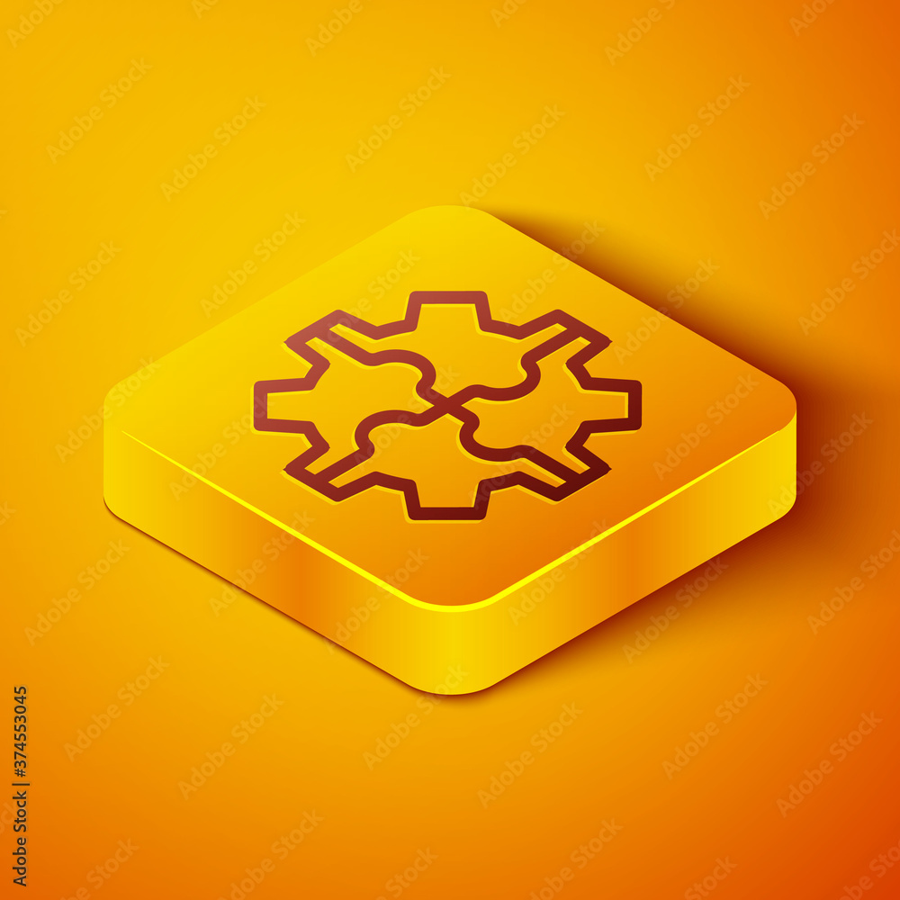 Isometric line Gear icon isolated on orange background. Cogwheel gear settings sign. Cog symbol. Yel