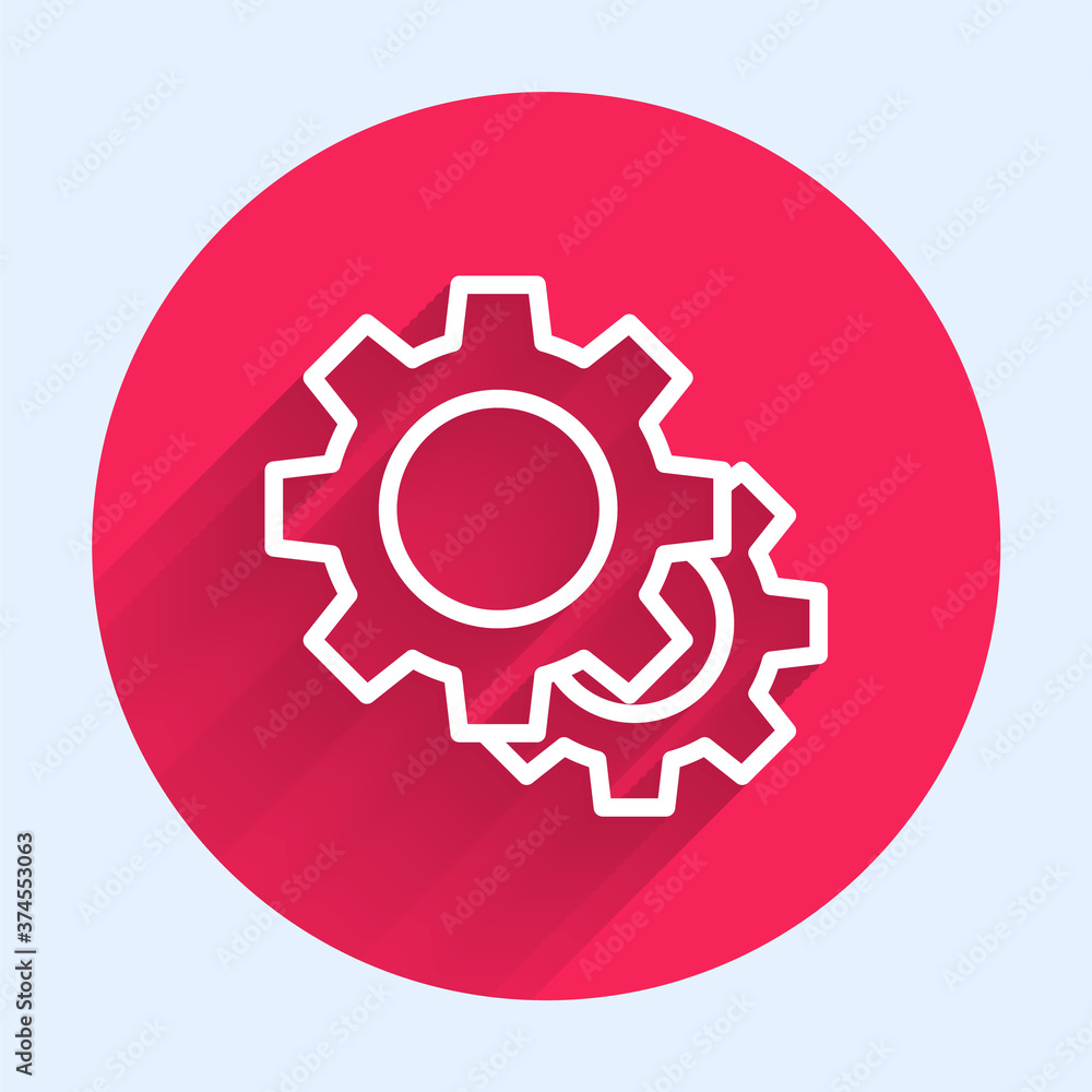 White line Gear icon isolated with long shadow. Cogwheel gear settings sign. Cog symbol. Red circle 