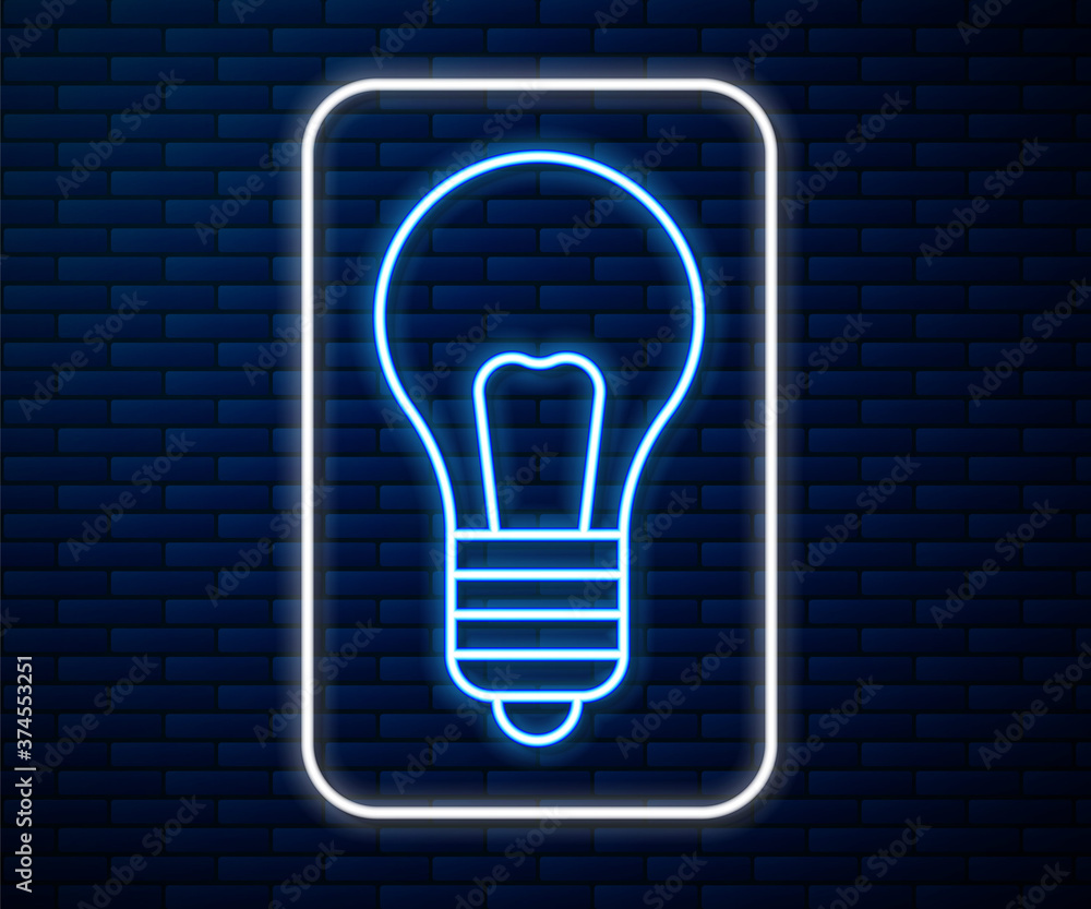 Glowing neon line Light bulb with concept of idea icon isolated on brick wall background. Energy and