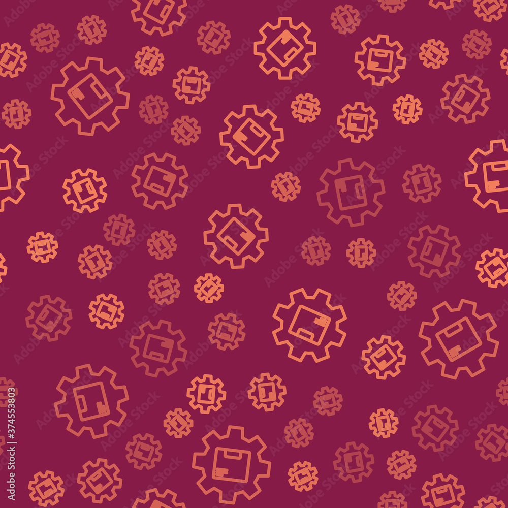 Brown line Gear wheel with package box icon isolated seamless pattern on red background. Box, packag