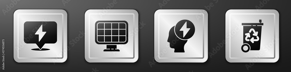 Set Lightning bolt, Solar energy panel, Head and electric symbol and Recycle bin with recycle icon. 