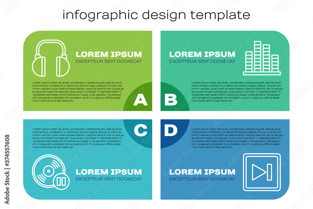 设置线乙烯基磁盘，耳机，快进和音乐均衡器。商业信息图模板。Ve