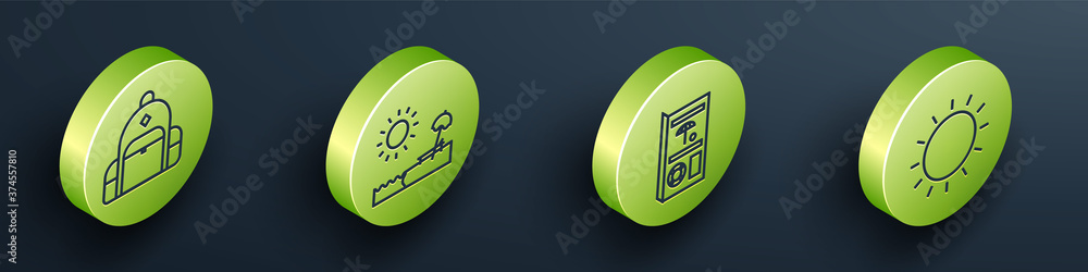 Set Isometric Hiking backpack, Beach with umbrella and chair, Travel brochure and Sun icon. Vector.