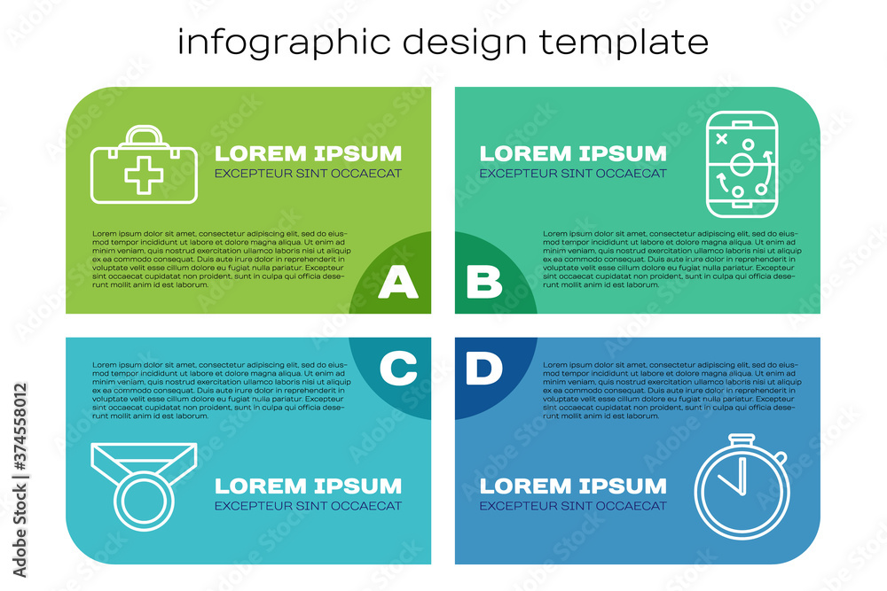 Set line Medal, First aid kit, Stopwatch and Planning strategy. Business infographic template. Vecto