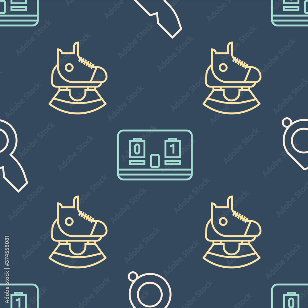 Set line Whistle, Skates and Hockey mechanical scoreboard on seamless pattern. Vector.